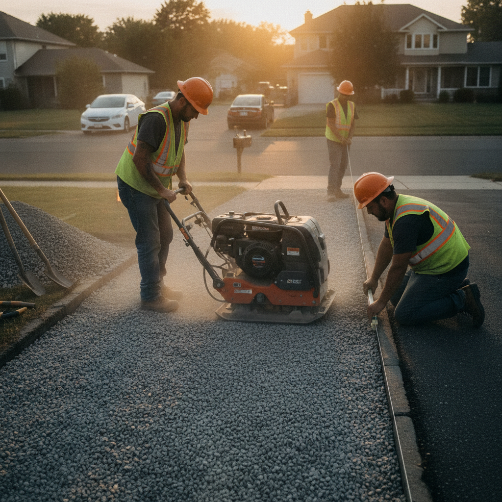 Landscaping crew compacting gravel base and checking level for a retaining wall project near a Mississauga driveway