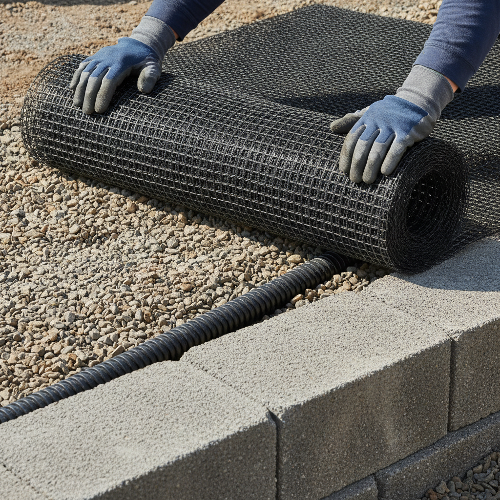 Close-up of retaining wall base prep in Mississauga with drain tile, clean gravel backfill, and geogrid between block courses