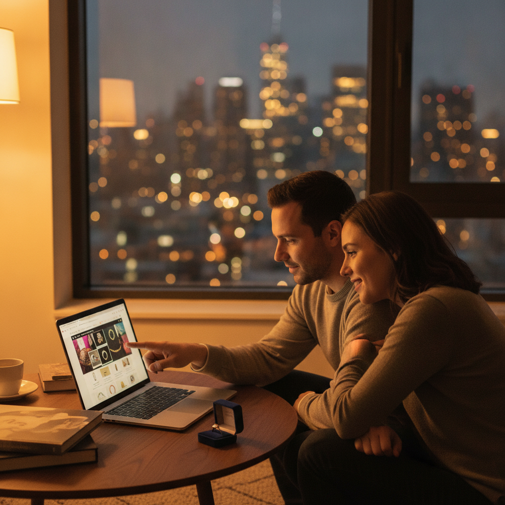 Couple in Manhattan comparing lab-grown diamond jewelry online with a ring box on the table, planning an engagement ring purchase