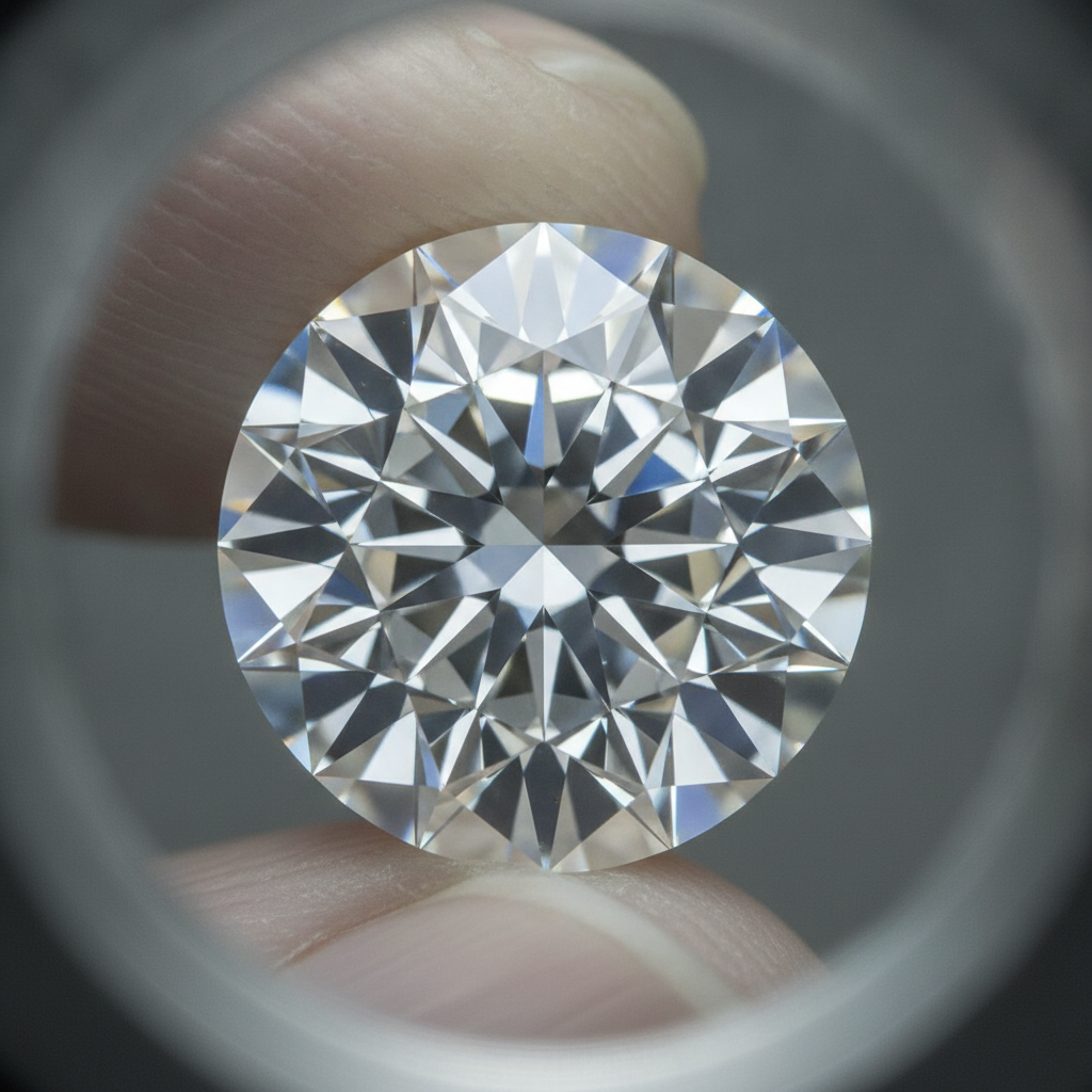 Macro close-up of a lab-grown round brilliant diamond under a jeweler’s loupe, highlighting facets and brilliance in lab-grown diamond jewelry