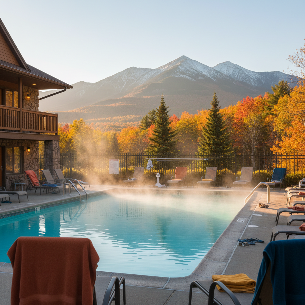 Outdoor heated pool at a North Conway motel with White Mountains view, autumn foliage, and steam in cool air