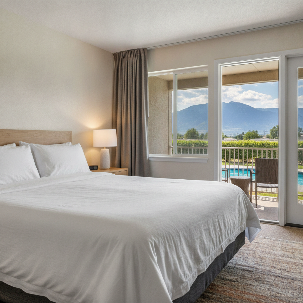 Renovated motel accommodations room in North Conway with mountain view, enclosed porch, and cozy bedding