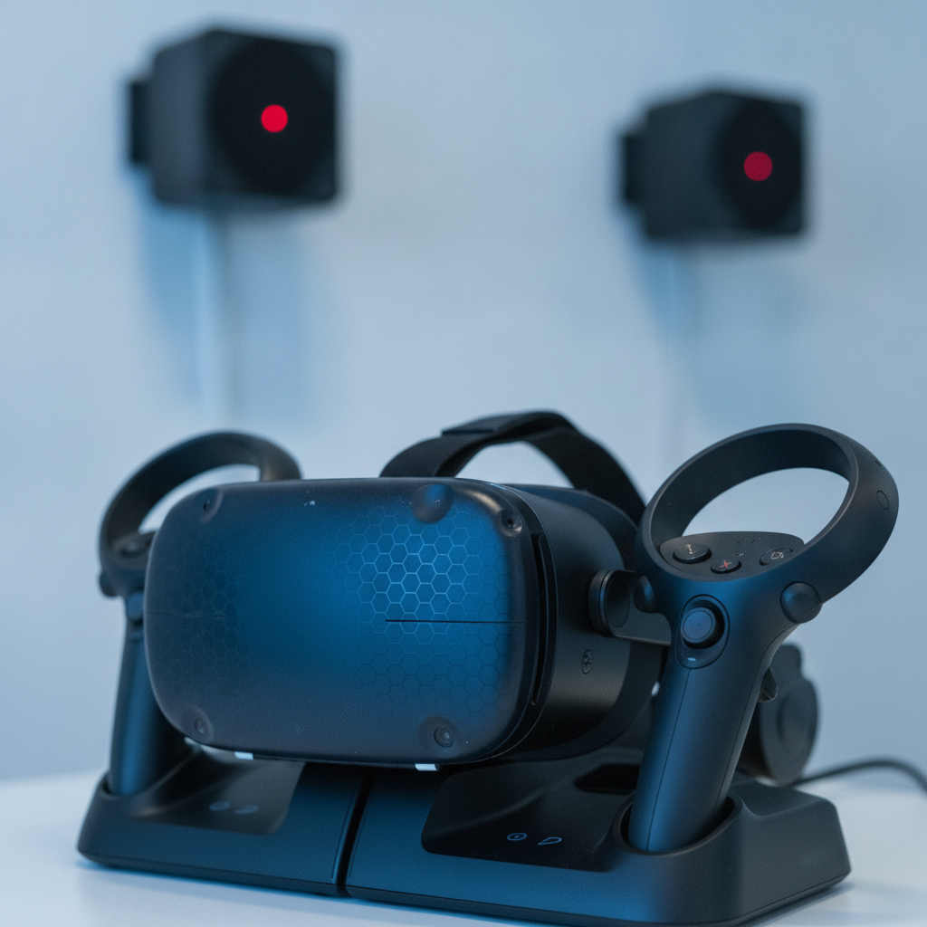 Close-up of HTC Vive Pro headset and motion controllers used at The Next Level VR arcade in London, Ontario, showing room-scale tracking gear
