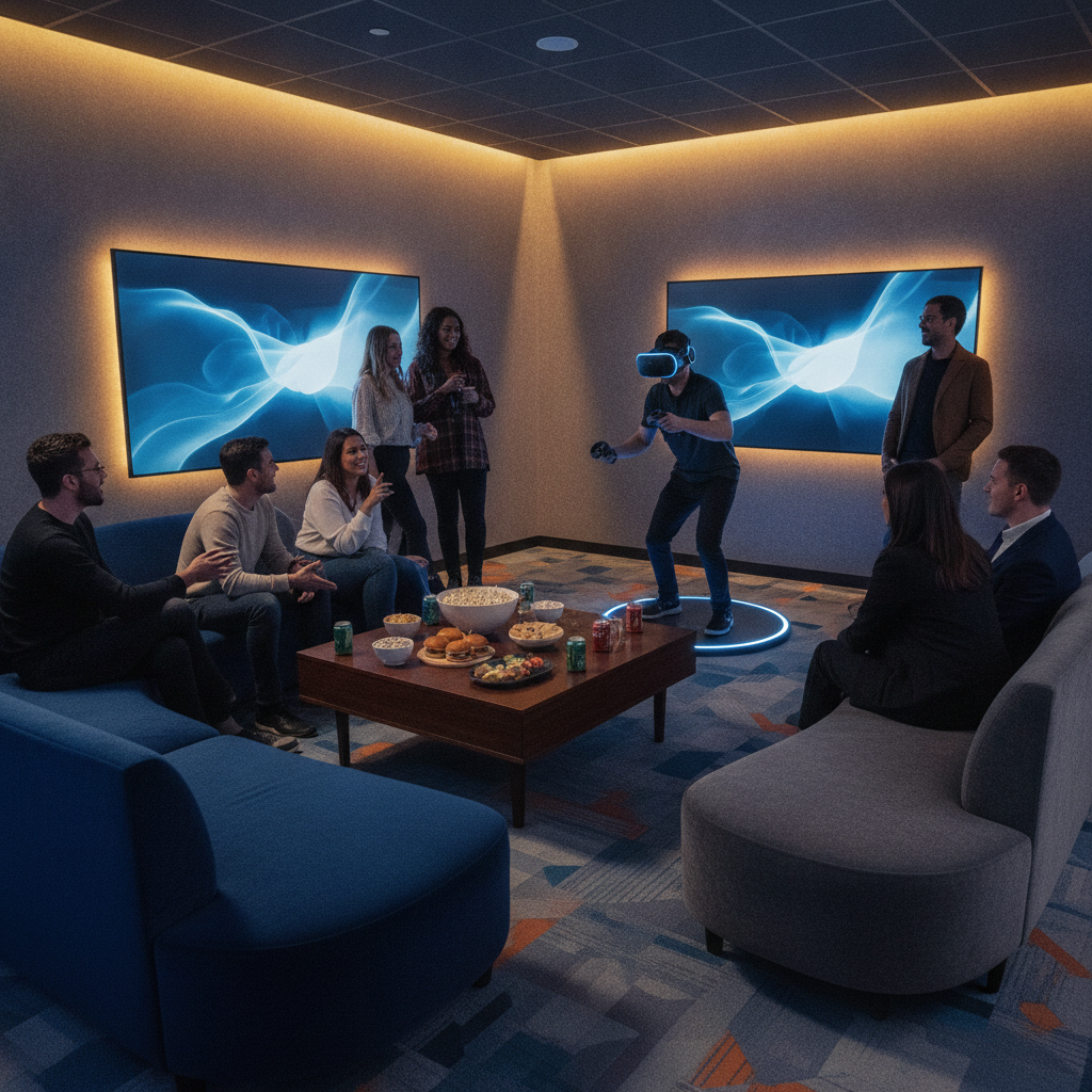 Private party room at The Next Level VR arcade with lounge seating and large TVs for spectating and smooth rotations