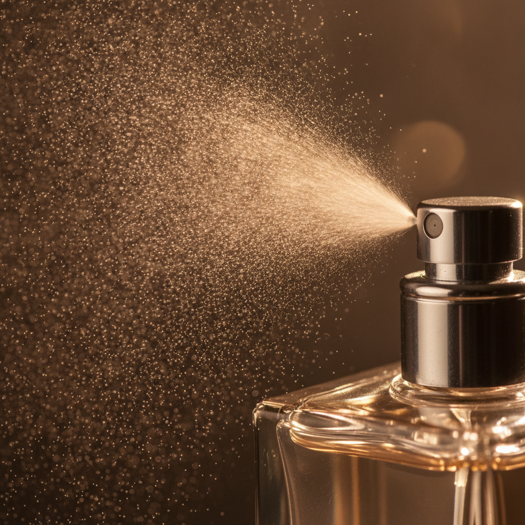 Close-up macro of perfume atomizer spraying fine mist, illustrating how luxury unisex perfume projects and diffuses