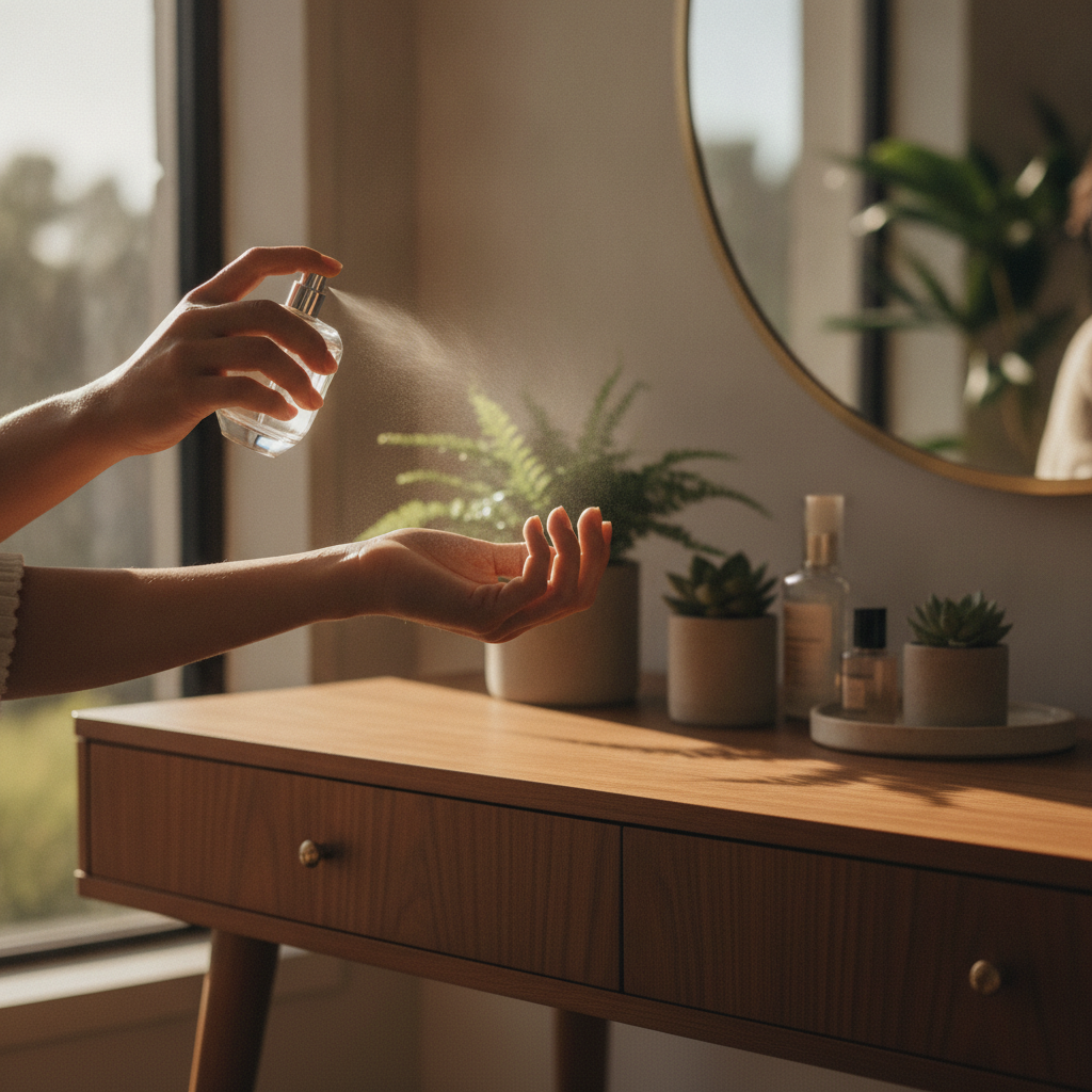 Lifestyle scene of a unisex hand applying luxury unisex perfume to the wrist, illustrating best-practice pulse-point application