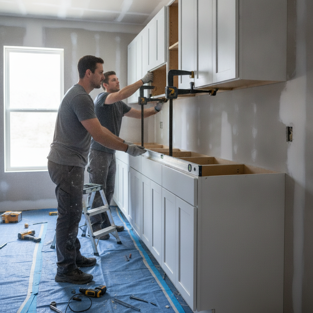 Kitchen renovation contractors installing upper cabinets with level and clamps during remodel in the GTA
