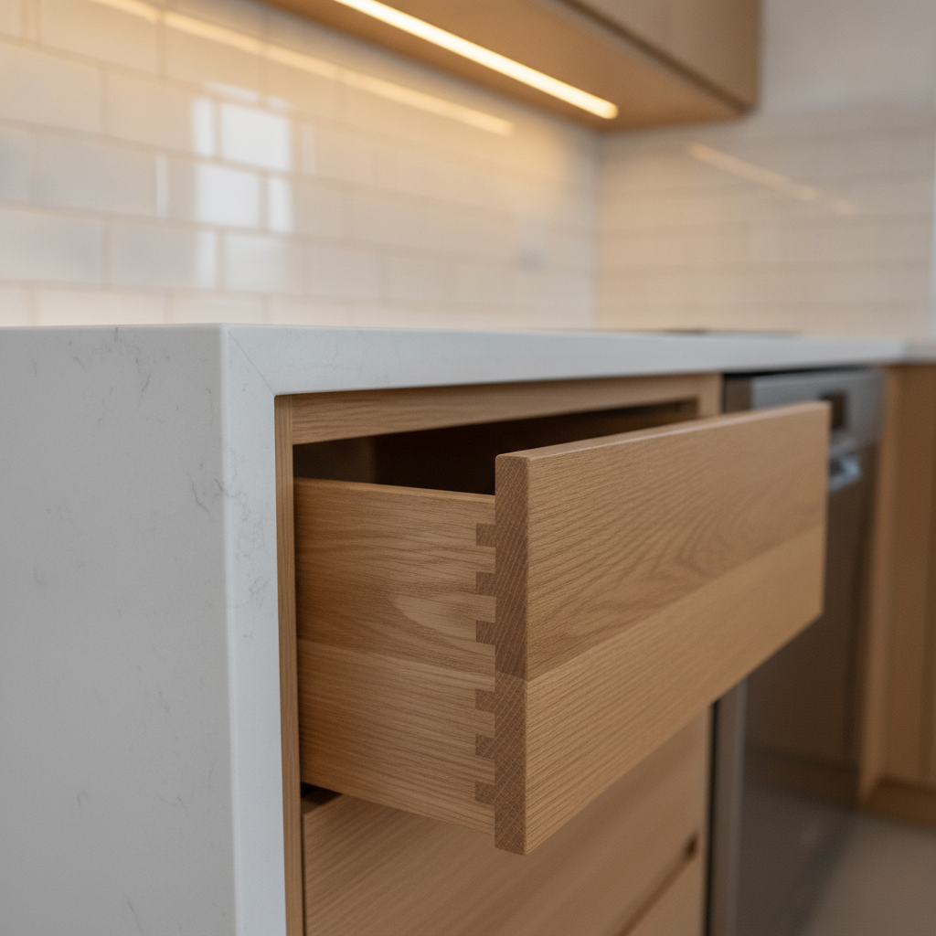 Detail of kitchen renovation craftsmanship: dovetail drawer, quartz edge, precise backsplash grout by kitchen renovation contractors
