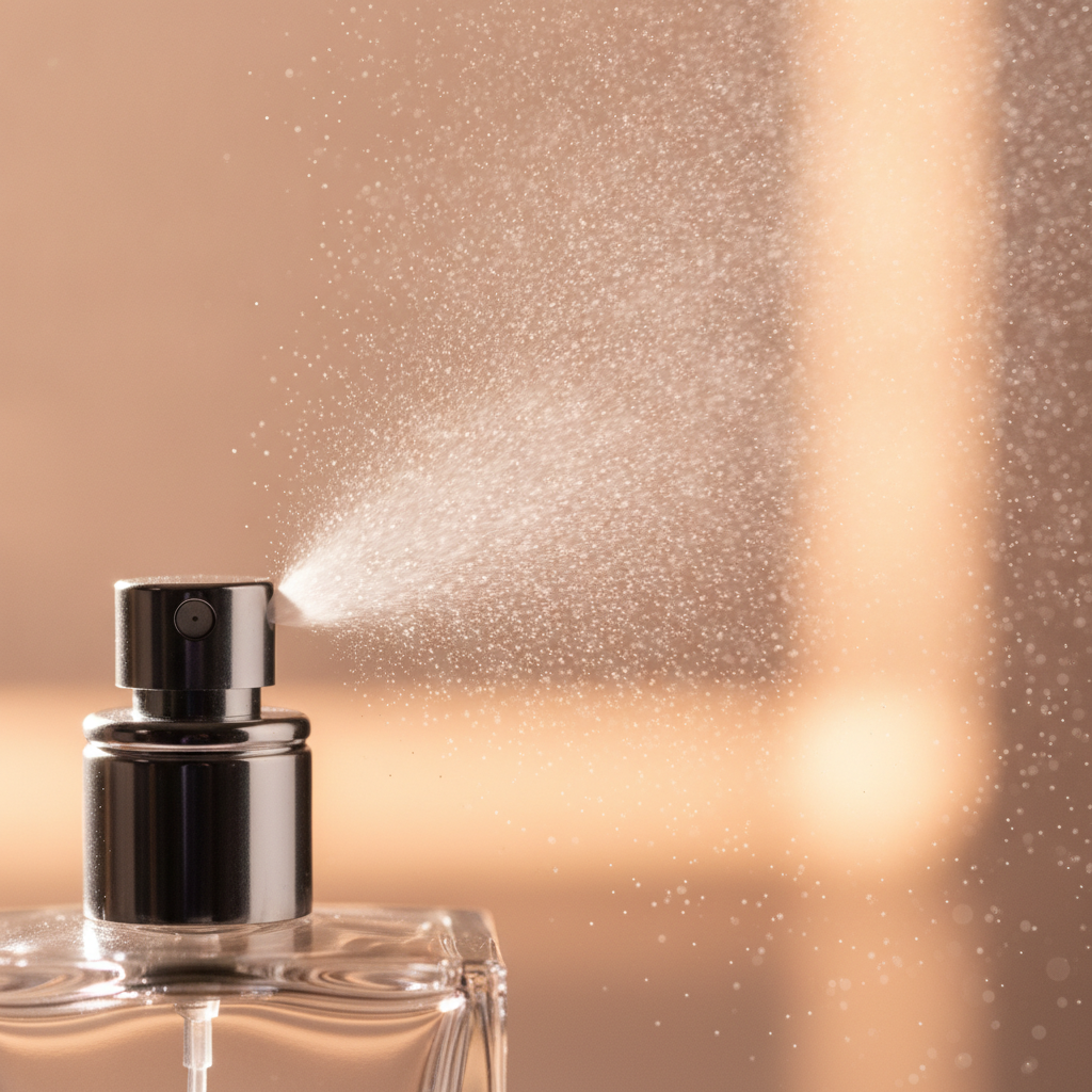 Close-up spray of a perfume atomizer illustrating sillage and projection in luxury fragrances