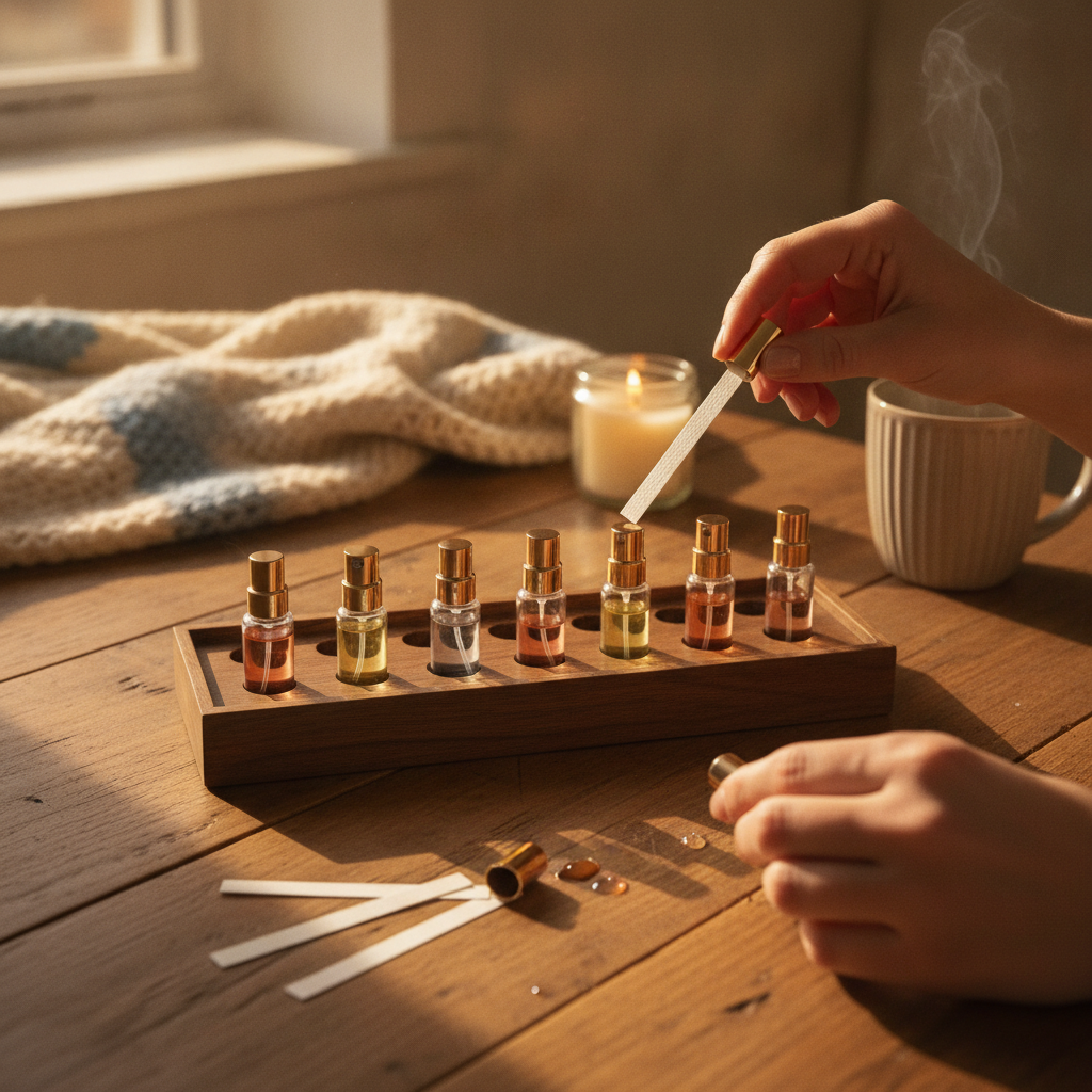 Top-down view of a discovery set with perfume vials and blotter strips for testing luxury fragrances at home