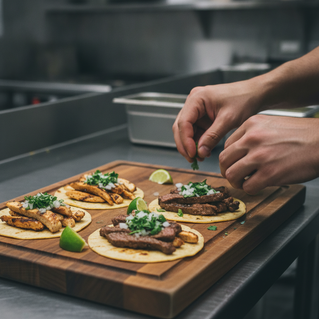 Close-up of tacos assembled for Mexican catering in Toronto, showing grilled chicken and steak, cilantro, onions, and lime on a board