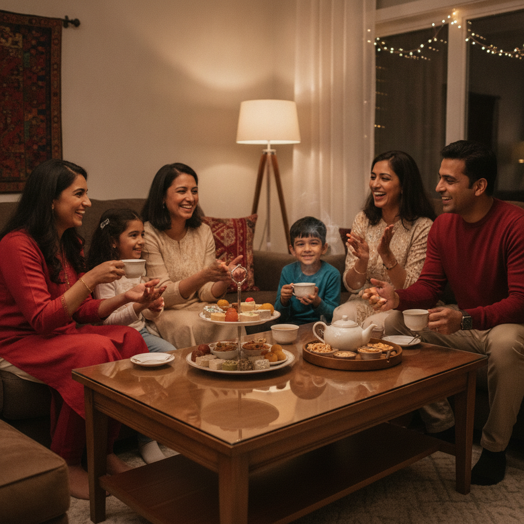 Premium mithai shared at a family celebration in a modern North American home, served with chai for a festive moment