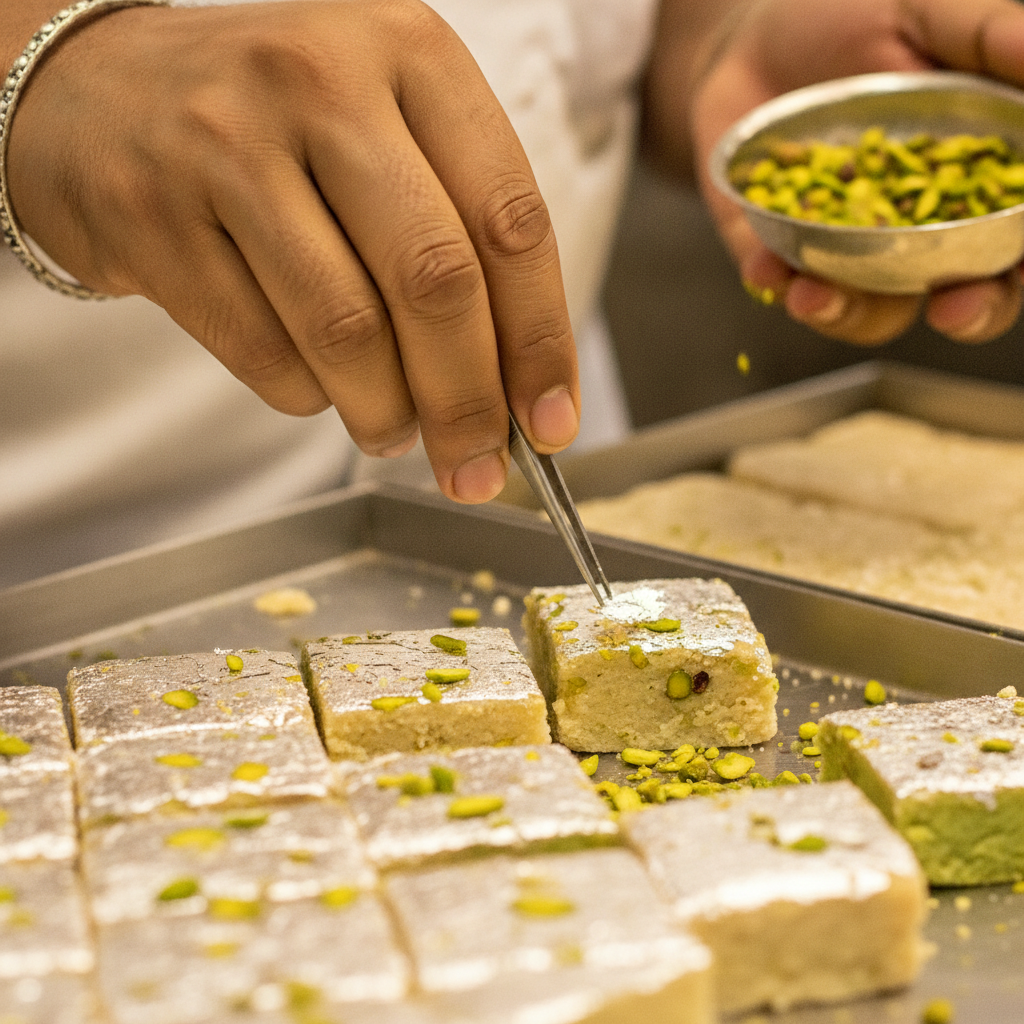 Close-up of premium mithai pistachio barfi being garnished with nuts and silver leaf at The Mithai Maharaja in Brampton