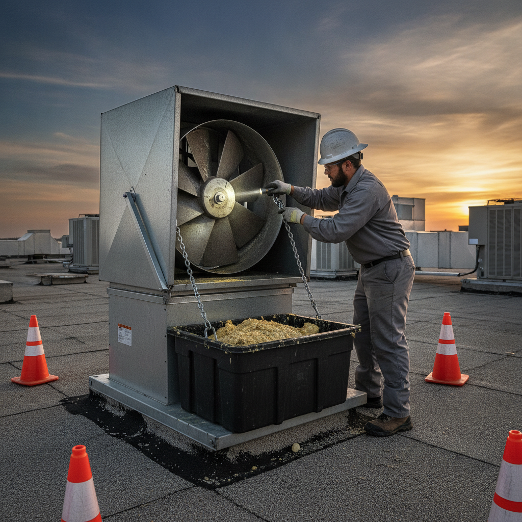 Technician servicing a rooftop commercial exhaust fan with hinge kit and safety chains as part of hood and duct cleaning program