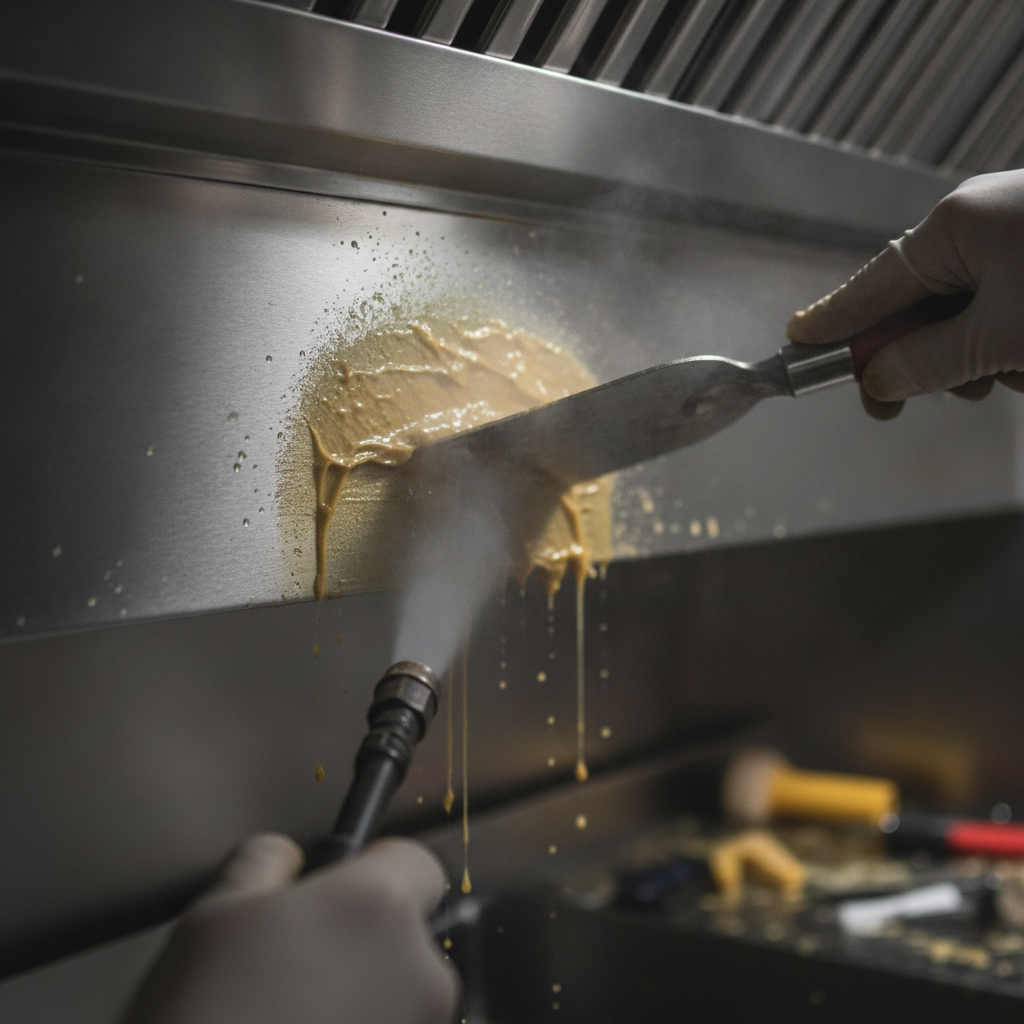 Close-up of professional hood and duct cleaning removing grease buildup from a stainless kitchen duct for NFPA 96 compliance