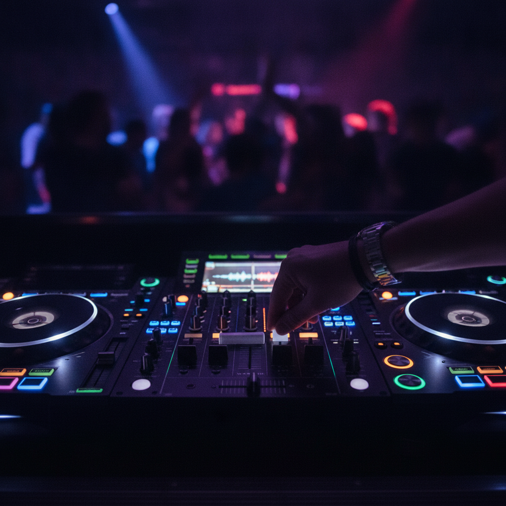 Close-up of professional DJ controller and mixer used by an Indian wedding DJ with colorful LED cues for precise mixing