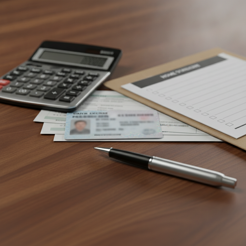 Close-up of a home loan application scene with calculator and pen, illustrating how to apply for home mortgage online