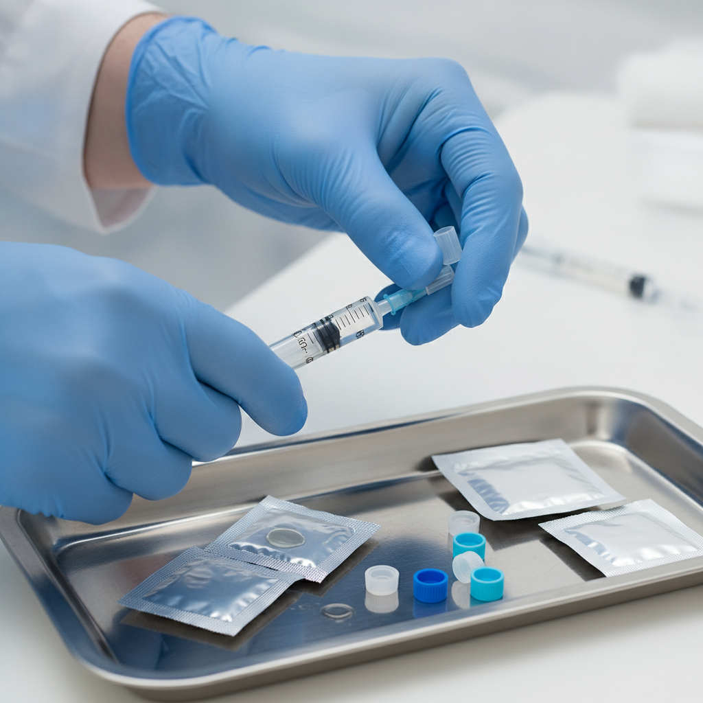 Close-up of long-acting injection preparation for Sublocade without insurance, showing gloved hands and sterile tray in an Ontario clinic