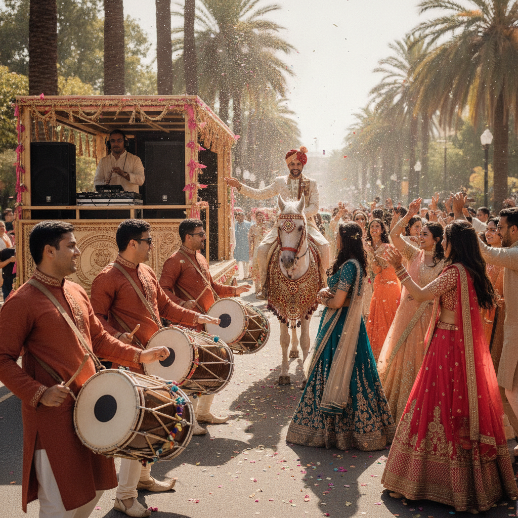 Vibrant outdoor baraat with dhol players, mobile DJ system, and guests dancing in colorful attire in Midland