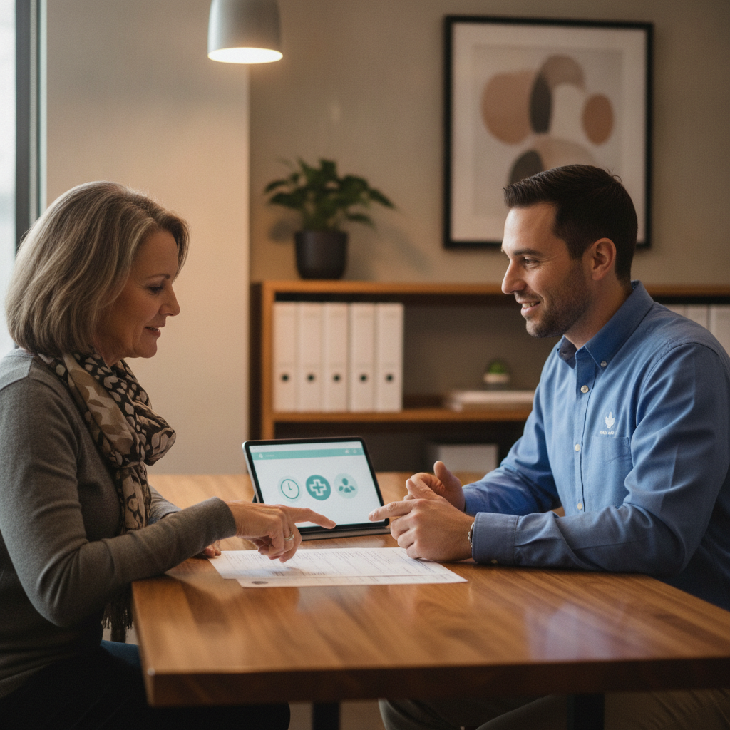 Patient meeting a care coordinator to plan Sublocade without insurance in an Ontario clinic, reviewing monthly schedule and support options