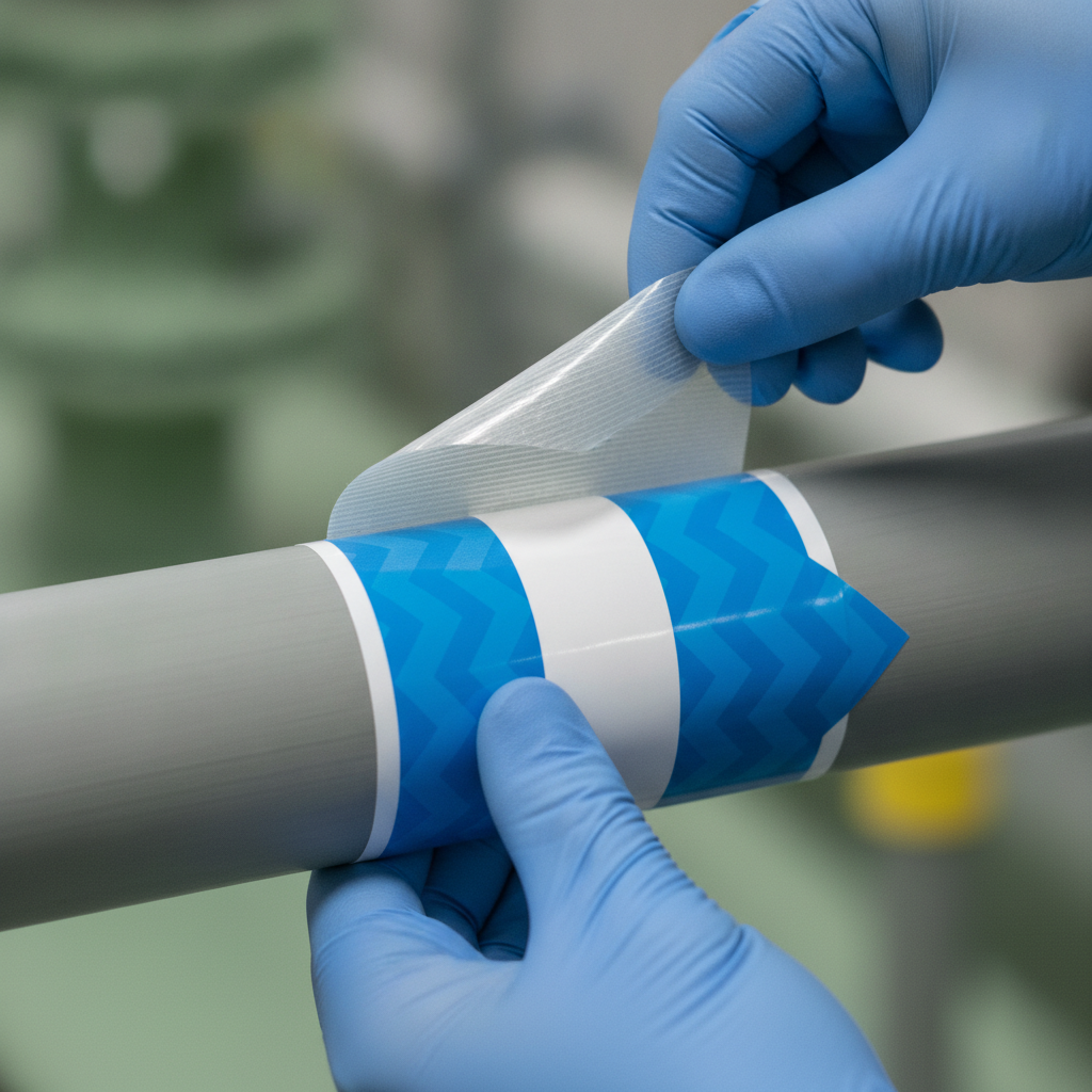 Technician applying a self-adhesive pipe marker with clear color band and arrow on a medium pipe, demonstrating proper wrap and pressure for strong adhesion