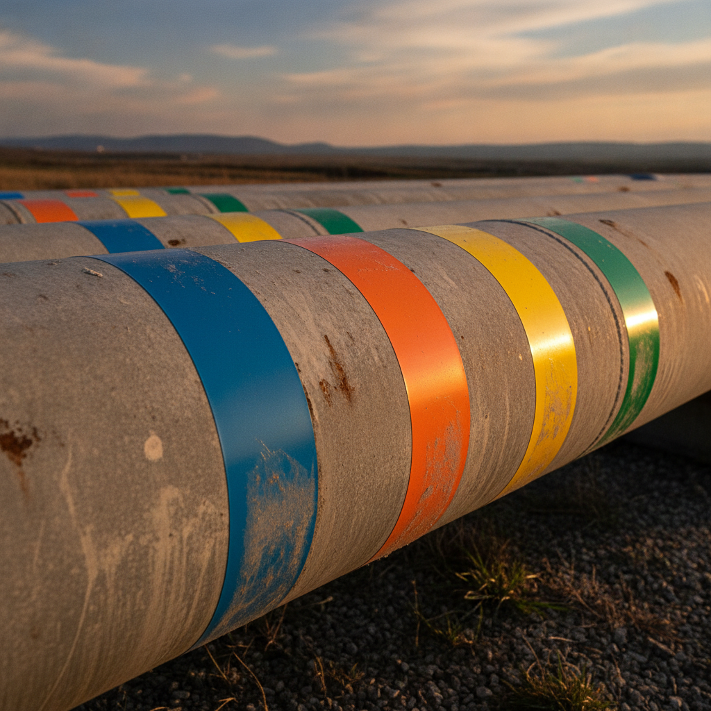 Outdoor utility pipelines carrying different media with durable adhesive color bands applied as pipe markers, shown at golden hour to illustrate UV-rated materials