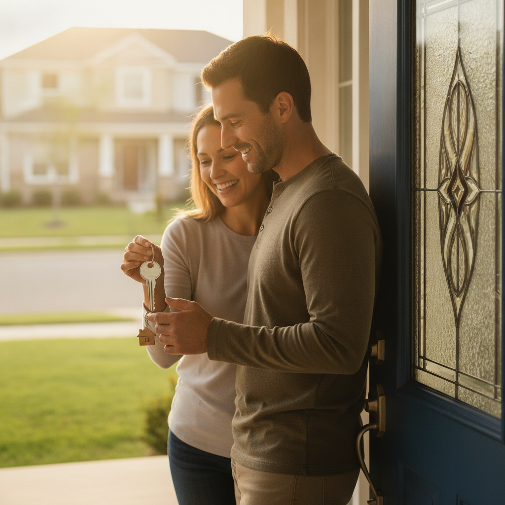 New homeowners holding a house key after applying for a home mortgage with broker support