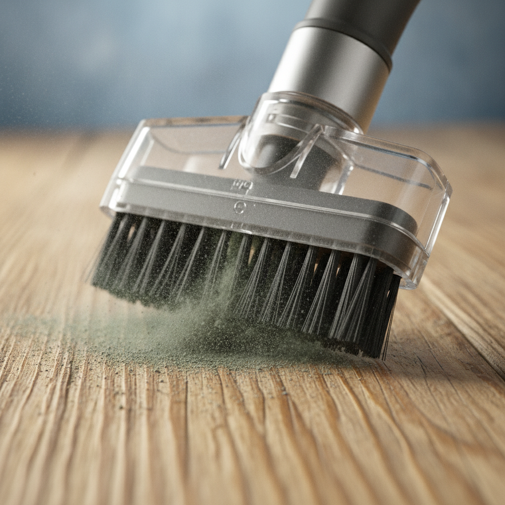 HEPA vacuum nozzle cleaning mold from wood grain, showing the best way to remove mold from wood without damaging fibers
