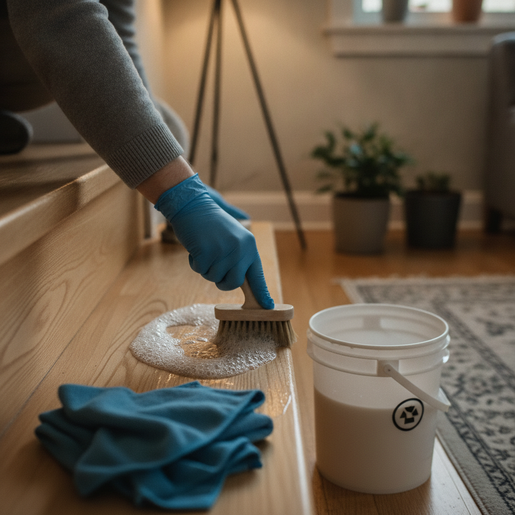 Applying a borax solution with a soft brush to remove mold from wood stairs, demonstrating a safe DIY technique