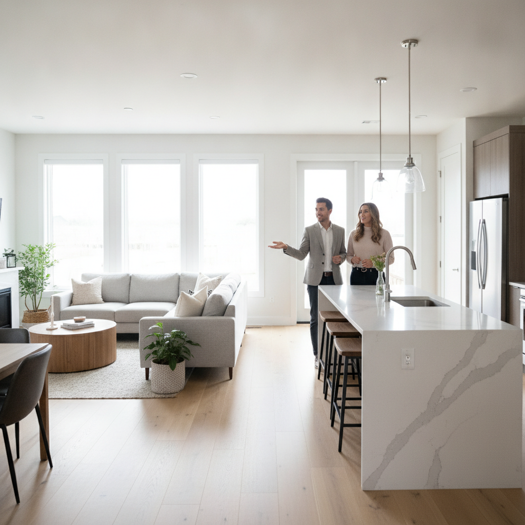 GTA real estate agent showing an open-concept kitchen to clients, illustrating personalized real estate services and guided tours
