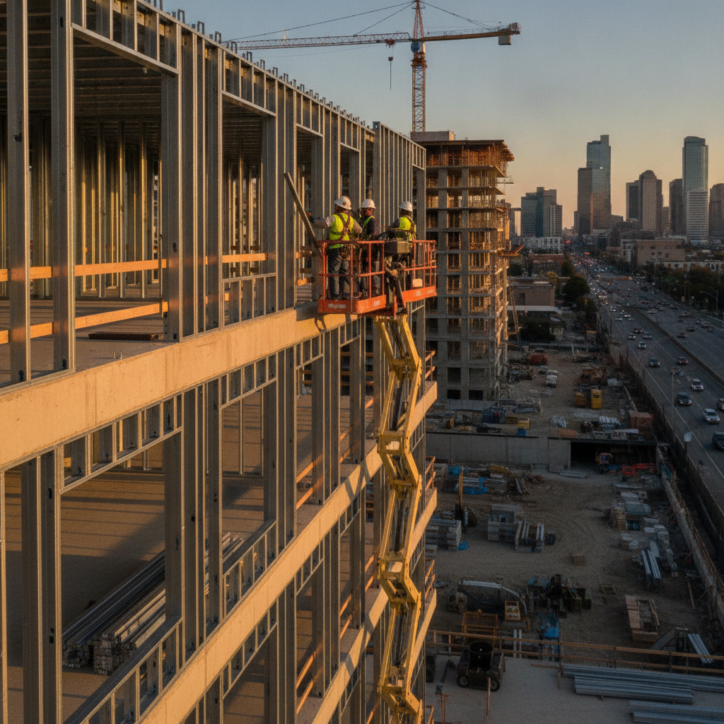 Exterior cold-formed steel framing scene with crew aligning studs into a slotted deflection track during golden hour