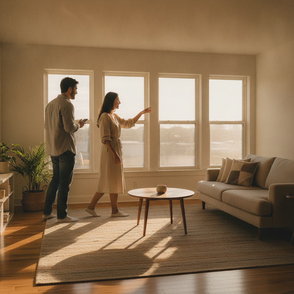 Couple touring a bright rental living room after finding it on a homes for rent website, agent-free self-tour vibe