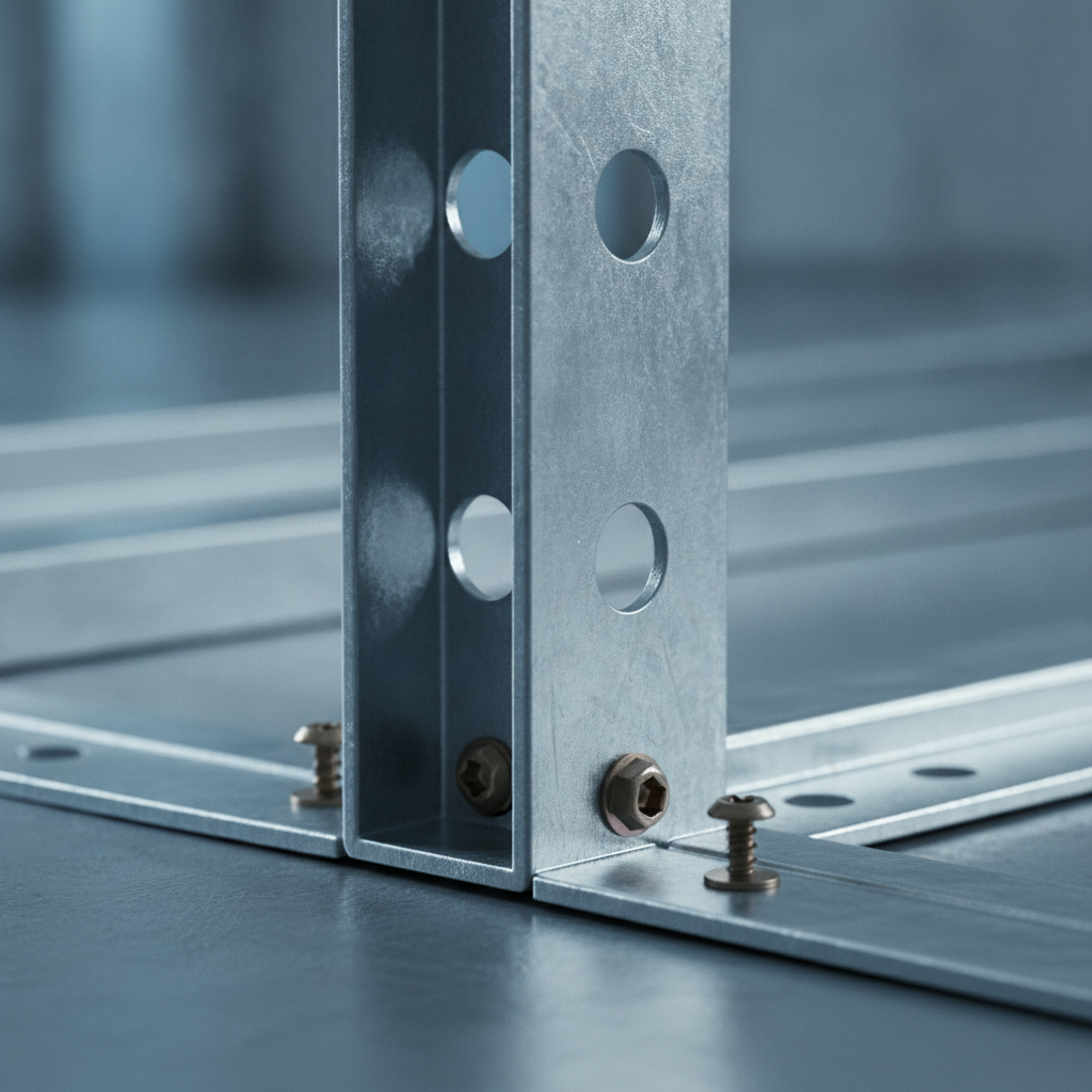 Close-up of galvanized steel framing stud seated in track with screws and service holes for a clean, code-compliant install