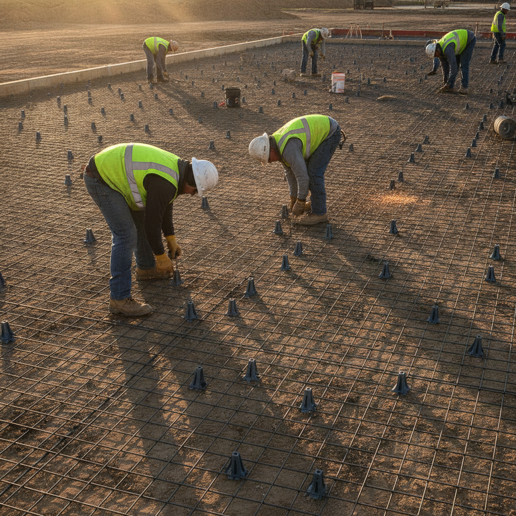 Crew installing welded wire mesh and tying rebar chairs on a commercial slab-on-grade, demonstrating best practices for reinforcement placement
