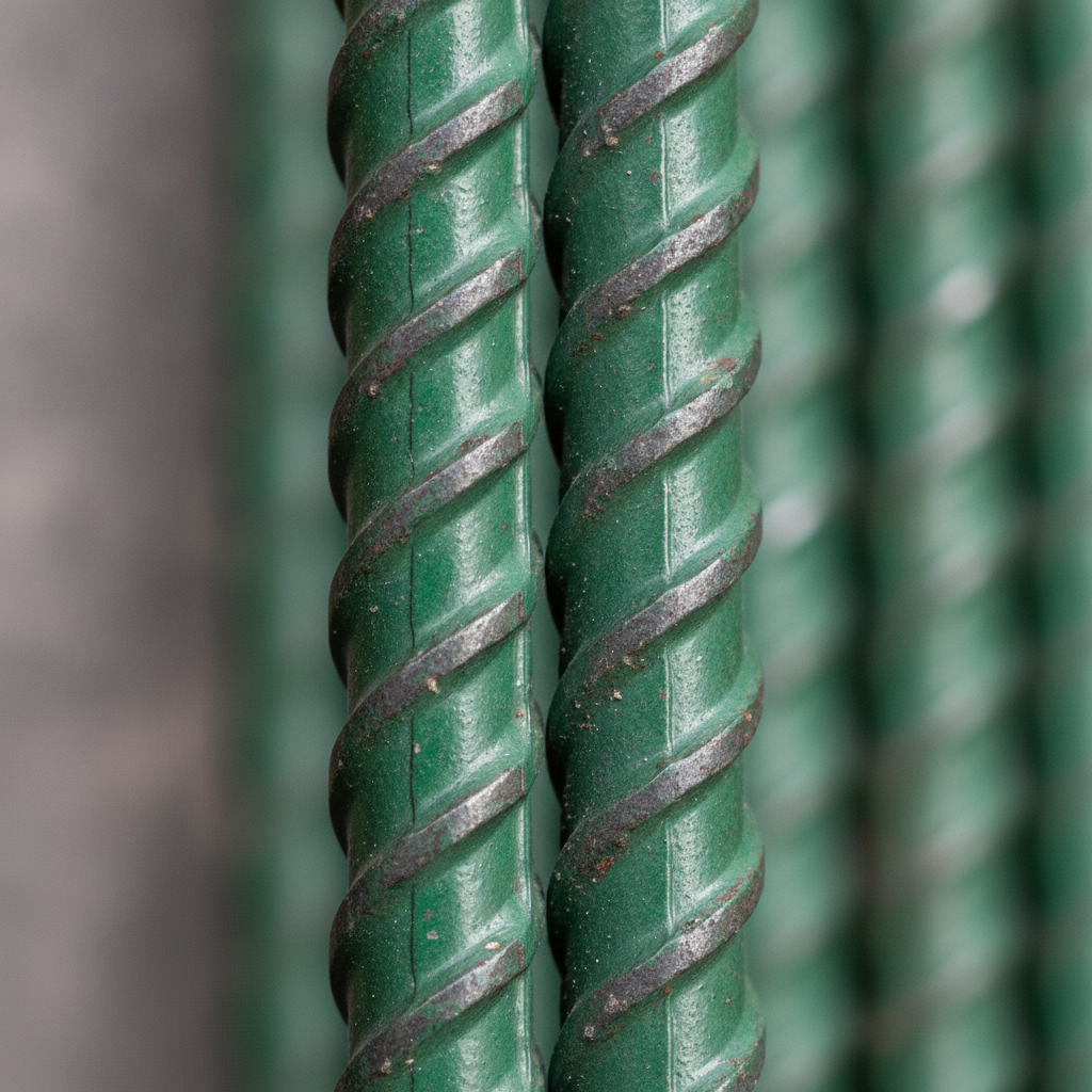 Close-up of epoxy-coated reinforcing steel showing green coating and ribbed deformations for corrosion-resistant rebar