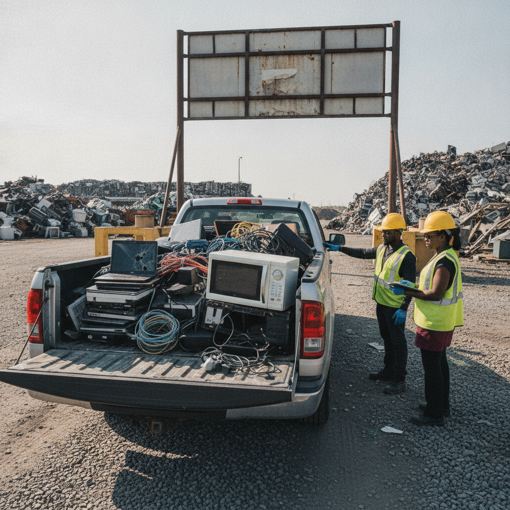 Pickup loaded with old laptops and electronics arriving for e-waste drop-off at Quick Scrap Metal in Etobicoke