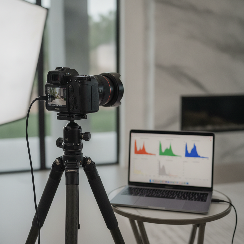 Close-up HDR real estate camera setup capturing bracketed exposures for listing photos