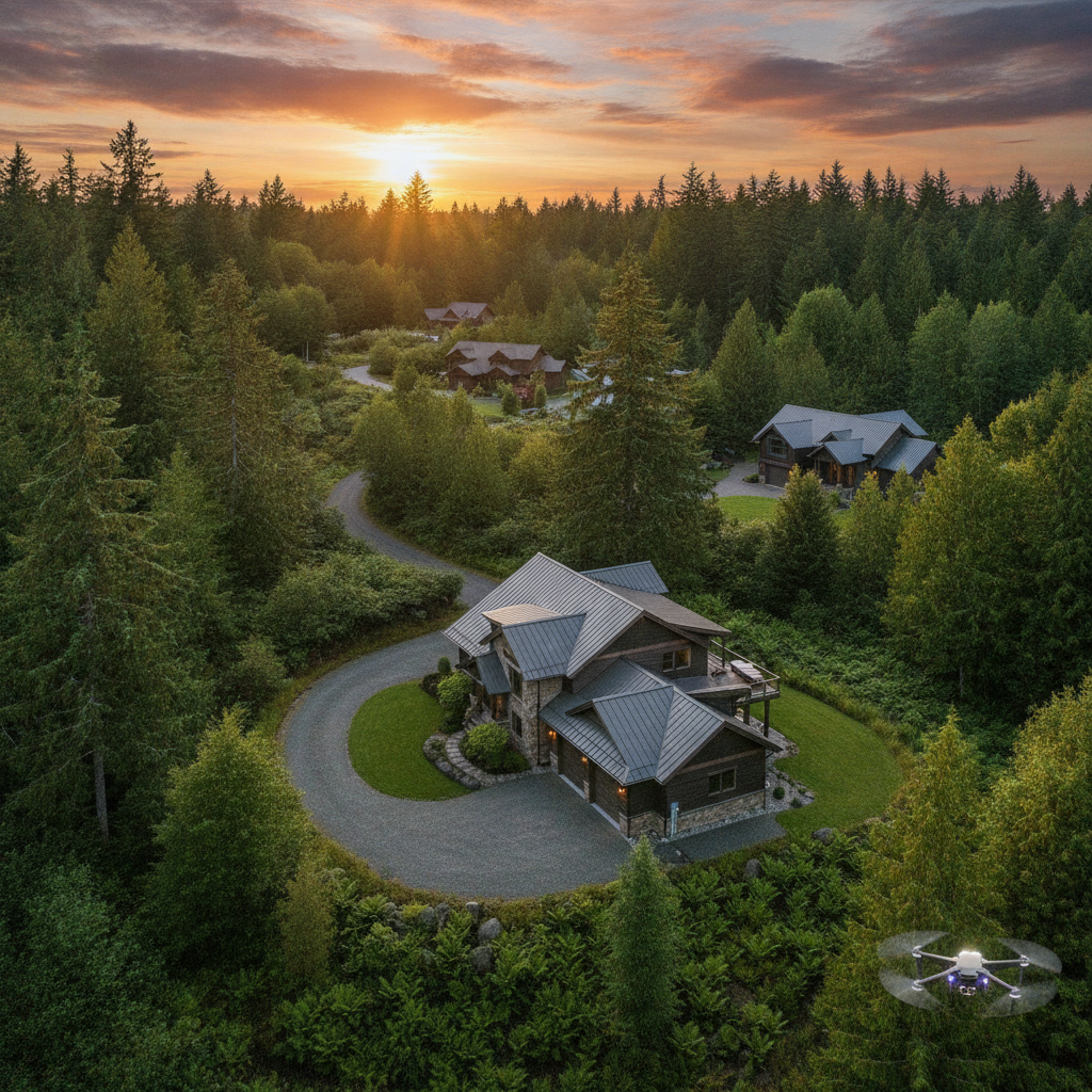 Drone real estate photography showing detached home at golden hour in Maple Ridge, BC for listing photos