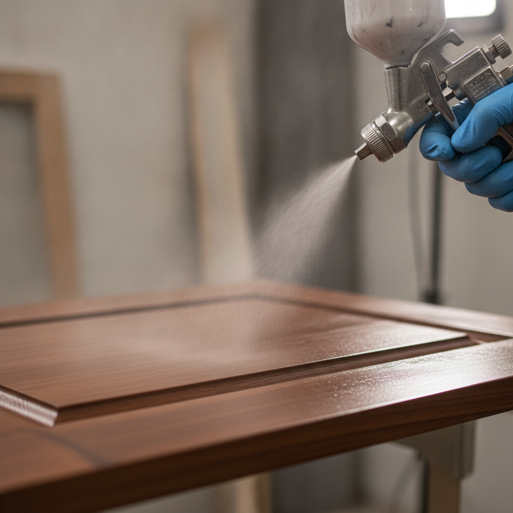 Close-up of professional HVLP cabinet spray painting during old kitchen cabinets makeover, showing smooth satin finish and fine atomization