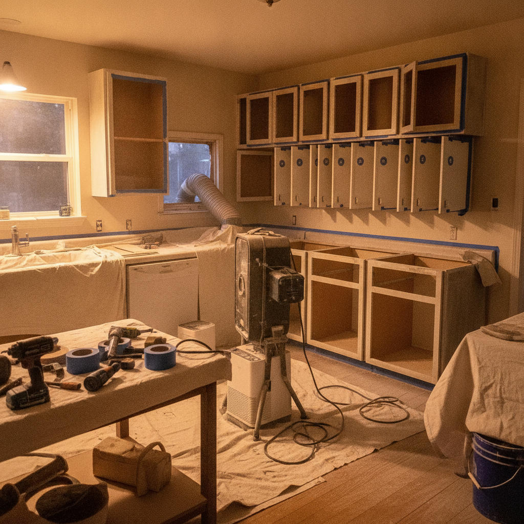 Kitchen cabinet makeover in progress with doors removed, frames masked, and drying racks, illustrating professional refinishing workflow