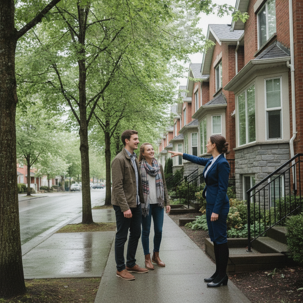 A Surrey realtor guiding clients along a residential street of townhomes, illustrating local fit and neighborhood knowledge