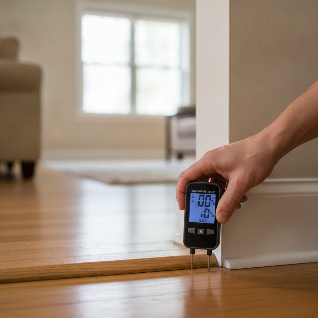 Close-up of a home inspector using a digital moisture meter on baseboard and hardwood floor during a Brampton home inspection