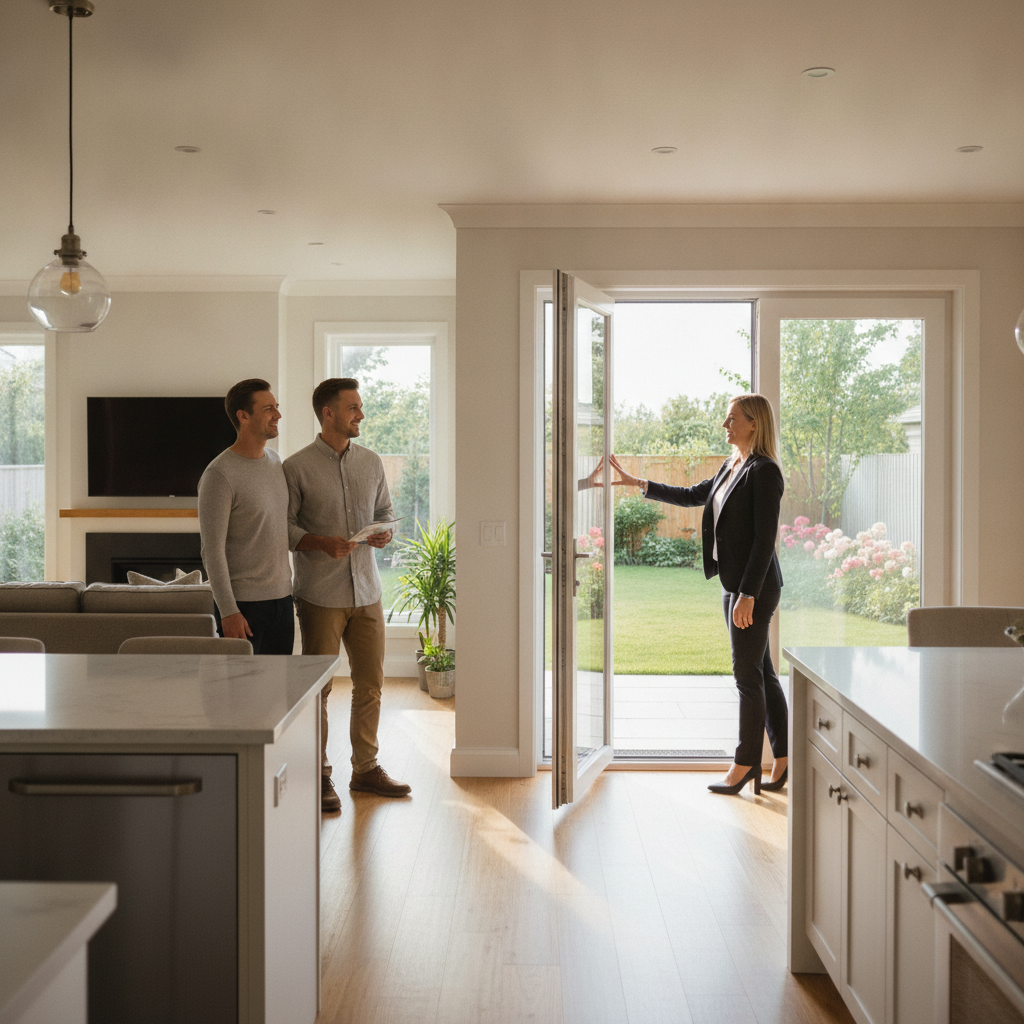 Real estate showing in Brampton: agent opening patio doors to a sunny backyard while clients review an open-concept living room and kitchen