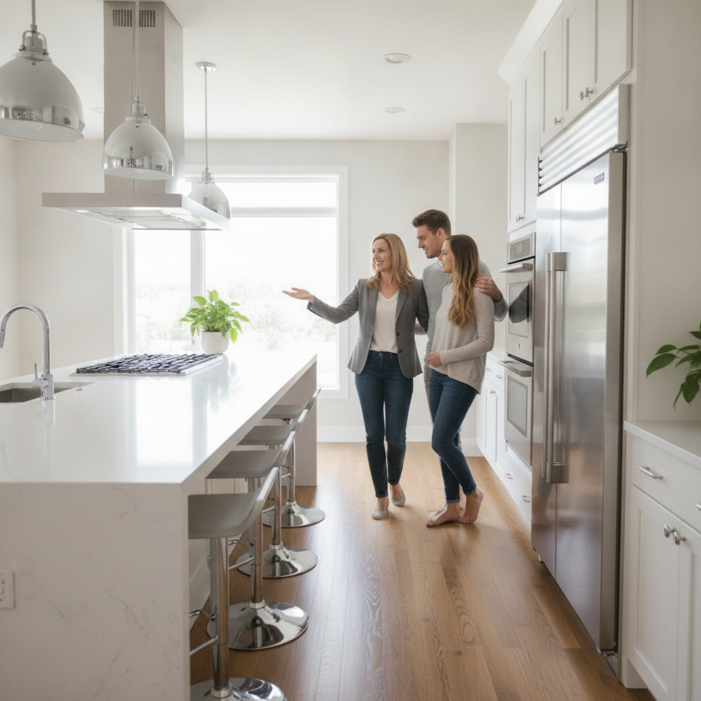 Realtor showing a bright kitchen to buyers, illustrating show-ready preparation for selling home in Ontario