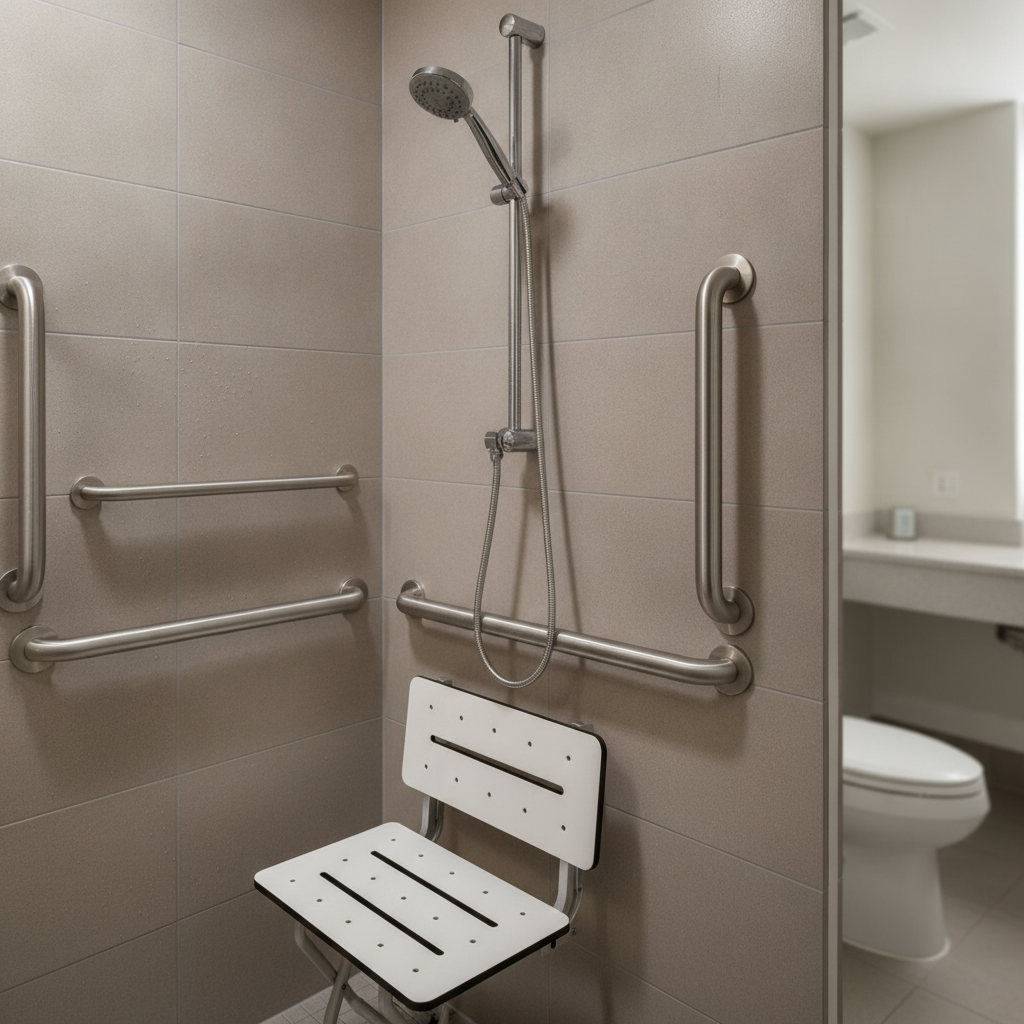 Detail of an accessible hotel bathroom with roll-in shower, fold-down seat, and grab bars—key features to verify when booking accessible hotel rooms in North Conway