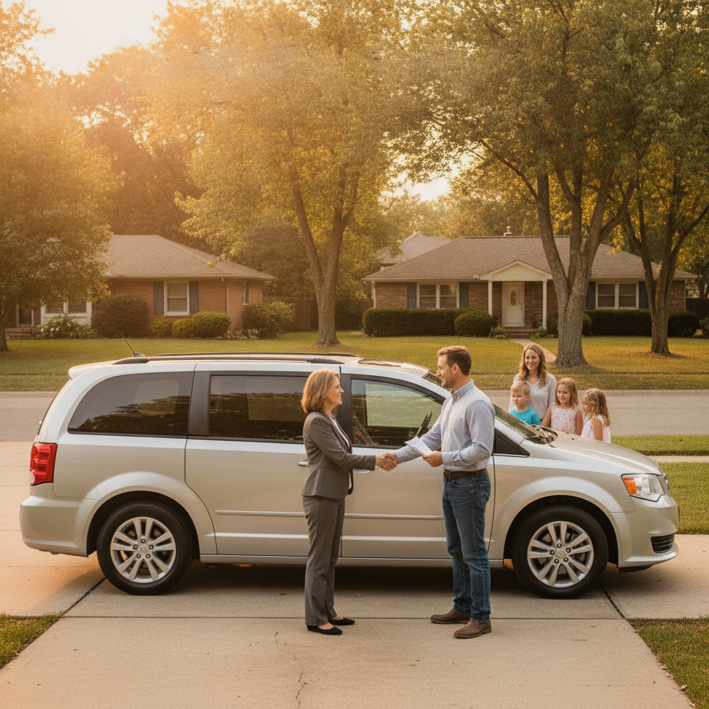 Advisor greeting a client near a family car, representing local Ontario auto insurance broker service and claims support