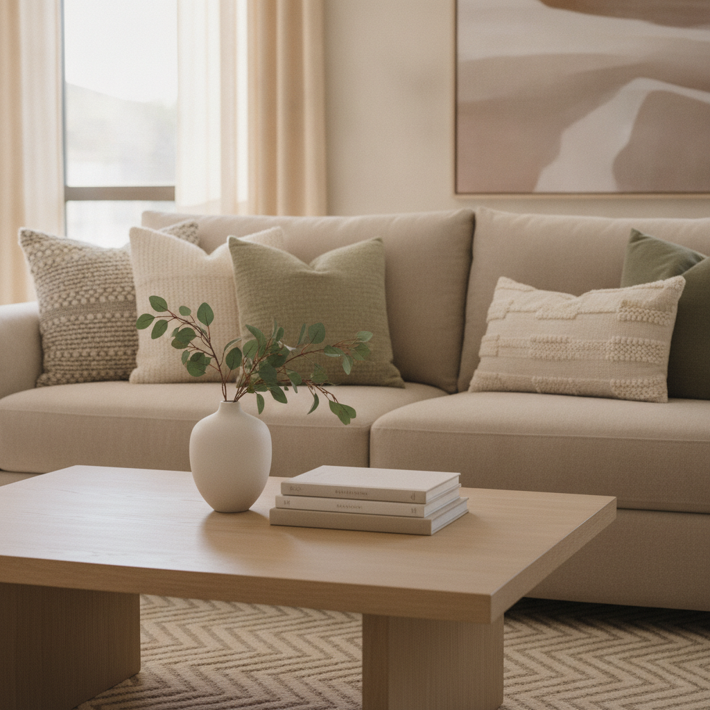 Staged neutral living room with minimalist decor highlighting selling home preparation in Ontario