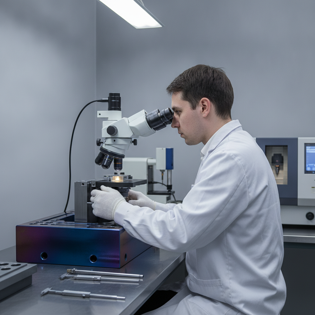 Technician inspecting a PVD-coated stamping die in a quality control lab for automotive stamping
