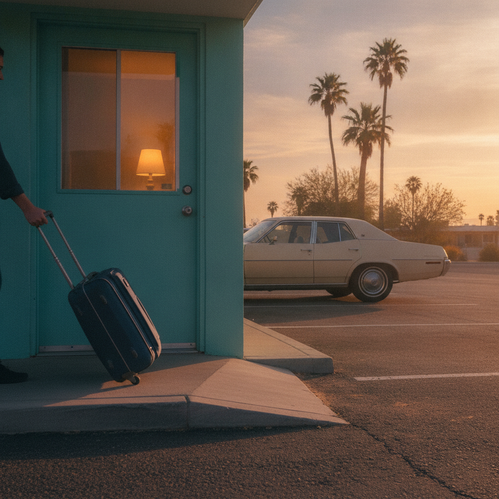 Ground-floor motel room entrance with adjacent parking and a smooth curb cut—an accessible route detail to check when booking accessible hotel rooms