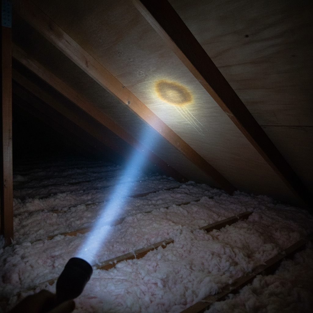 Attic inspection photo showing rafters, insulation, and a small moisture stain under the roof deck during a roof home inspection